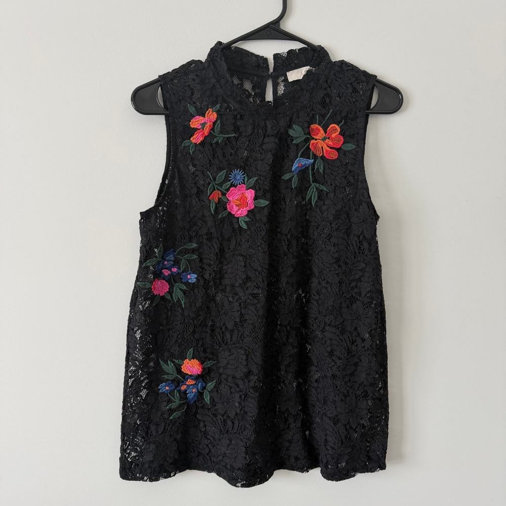 LOFT Womens Black Floral Embroidered Lace Sleeveless Mock‎ Neck Shell Top Size M